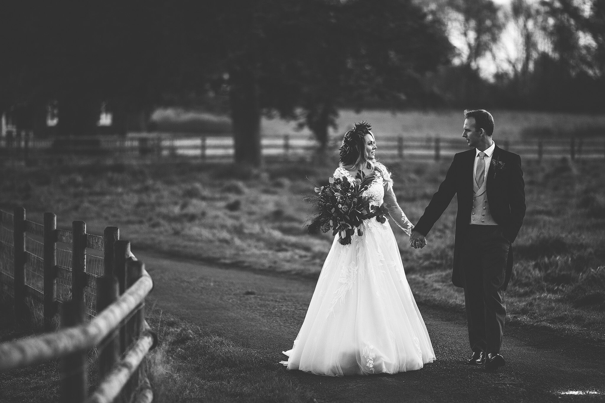Black and White image of Bride & Groom on Iscoyd Drive