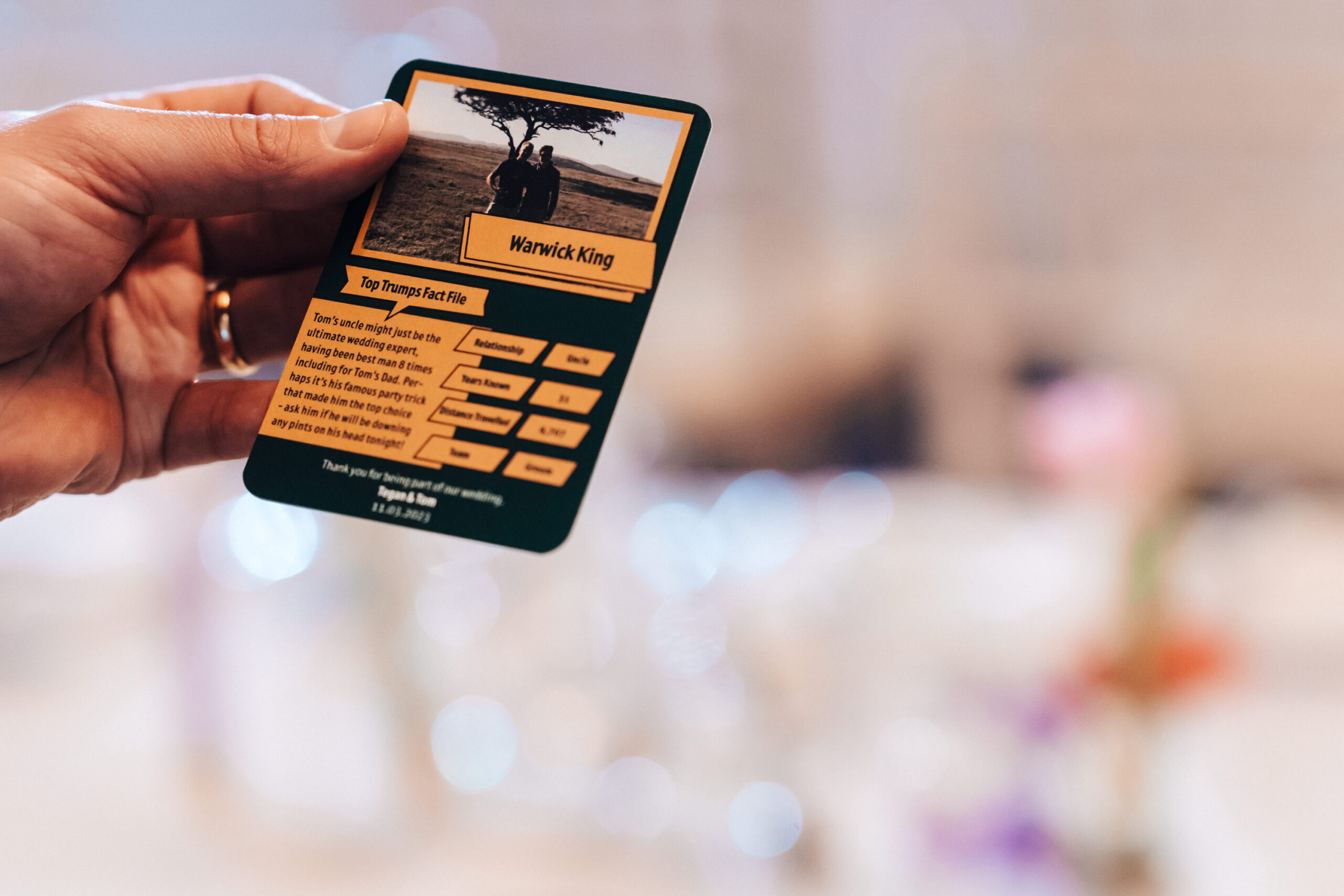 A bespoke top trumps card made for wedding guests