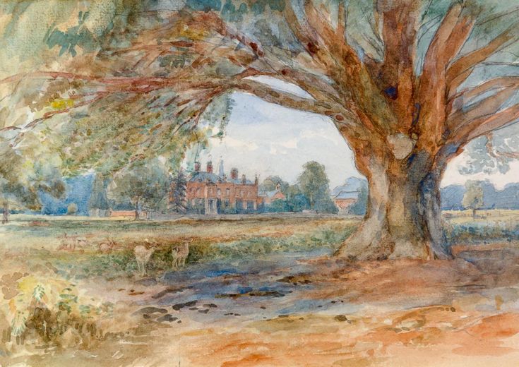 A close up view of a watercolour painting from the 19th century. The subject of the painting is a large oak tree in the foreground and a large red brick Georgian mansion in the background