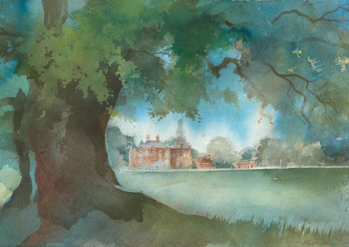 A close up view of a blue and green toned watercolour painting from the 19th century. The subject of the painting is a large oak tree in the foreground and a large red brick Georgian mansion in the background