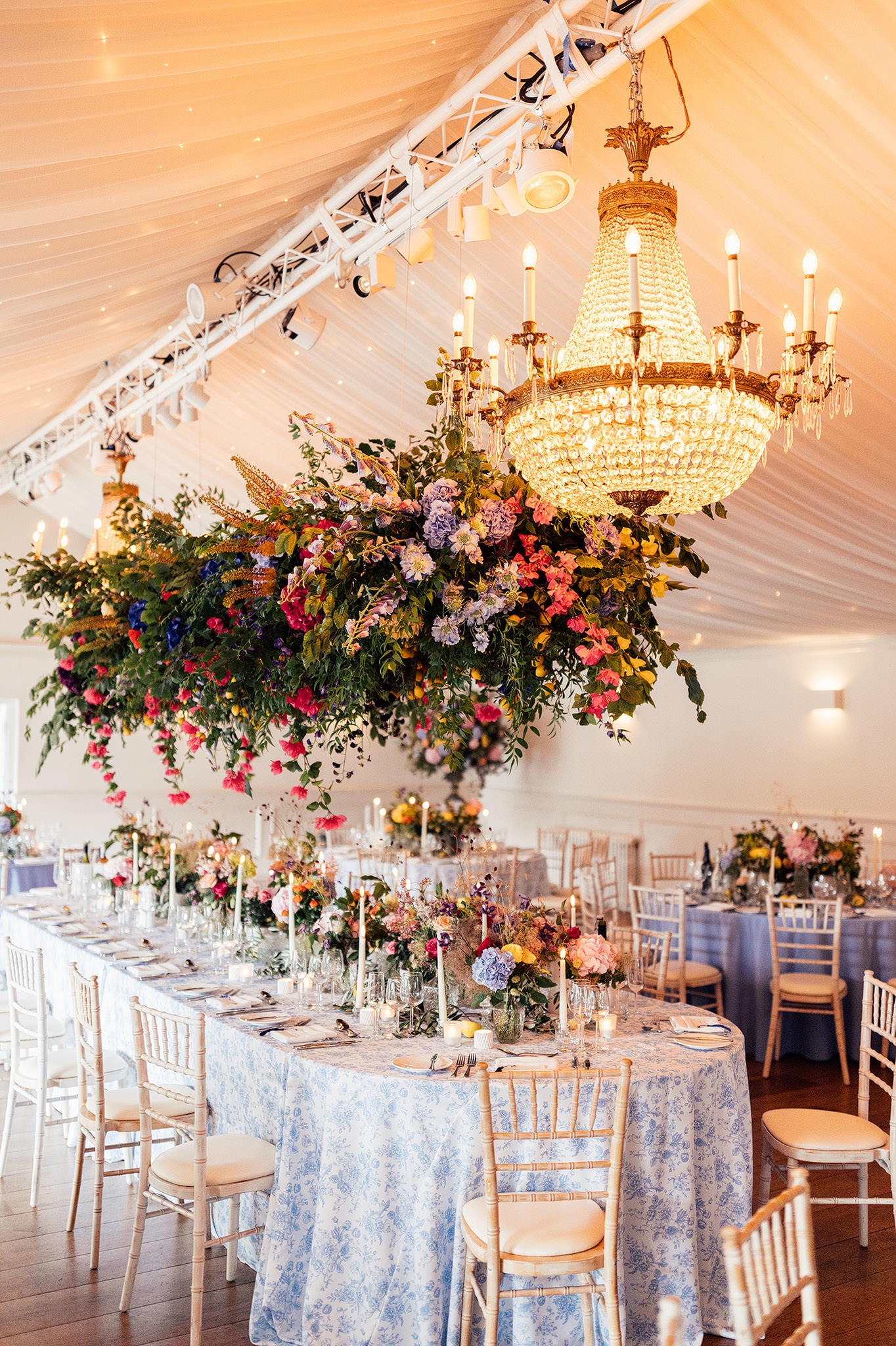 English Country Garden Wedding Marquee Decor With Toile Tablecloths at Iscoyd Park by Harry Michael Photography