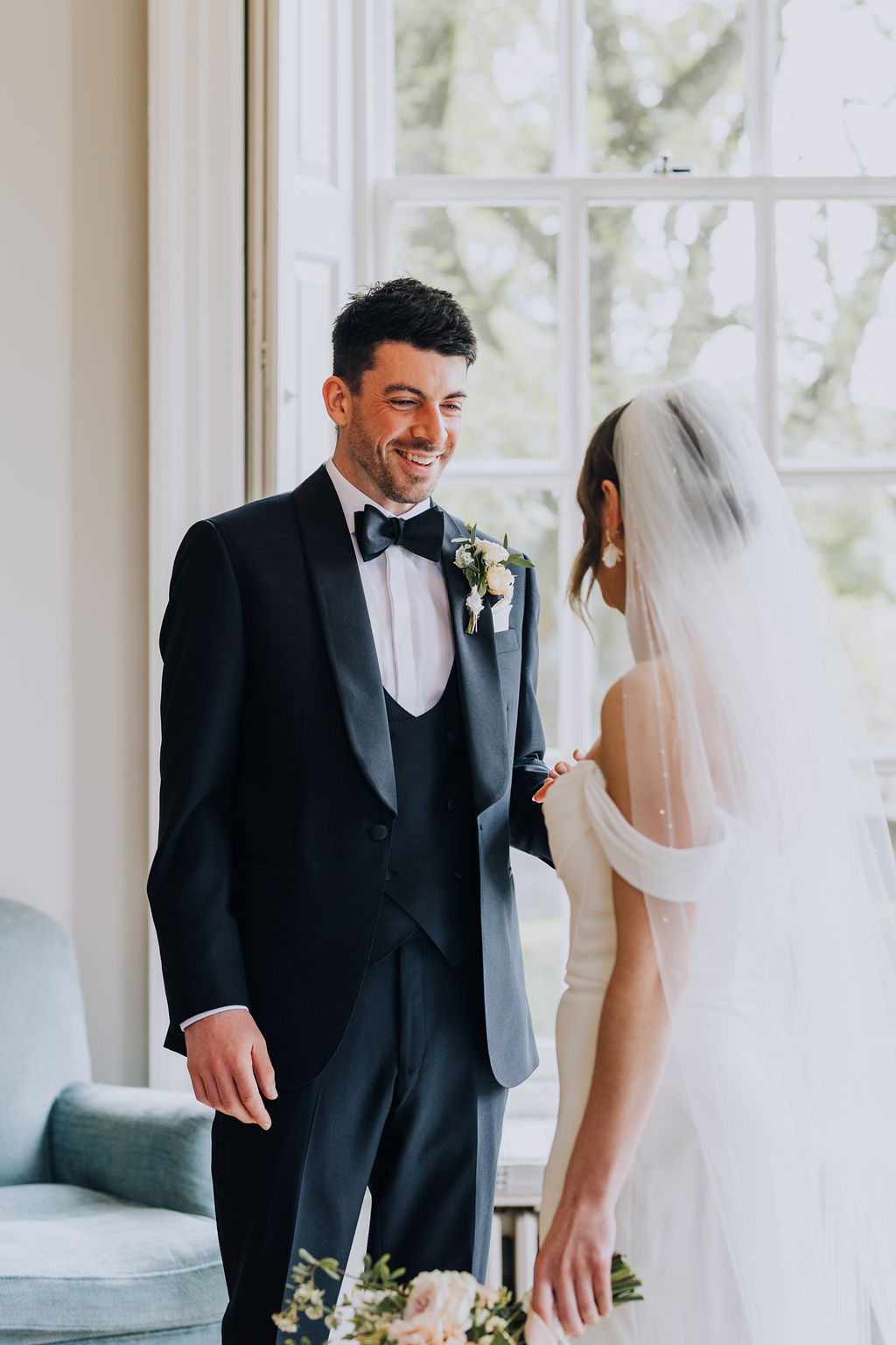 May classic English wedding at luxury venue Iscoyd Park with black tie, blush and champagne bridesmaids dresses by Clara Cooper Photography