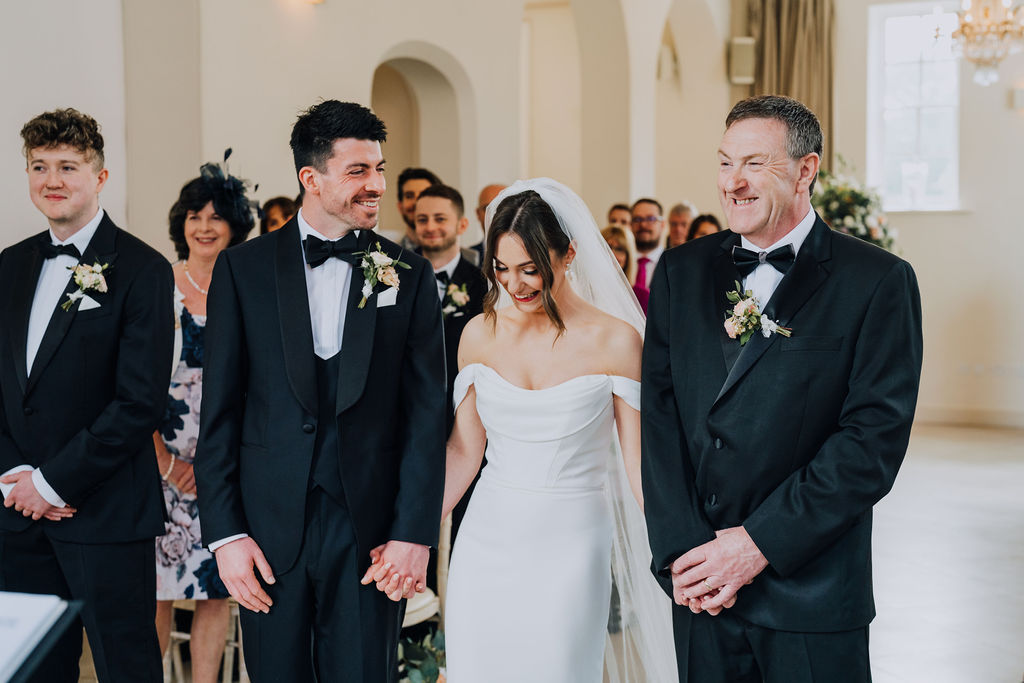 May classic English wedding at luxury venue Iscoyd Park with black tie, blush and champagne bridesmaids dresses by Clara Cooper Photography